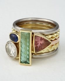 'Stacking Ring multi-stone' in mixed metals with green Tourmaline, diamond, Tanzanite, and pink Tourmaline